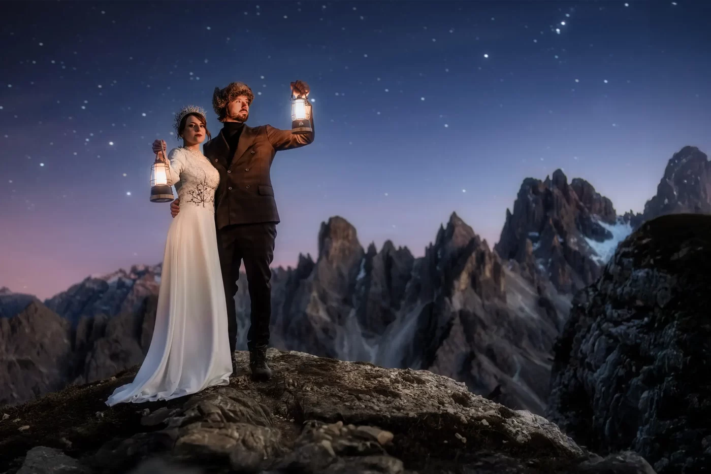 bride and groom cadini misurina dolomites wedding night